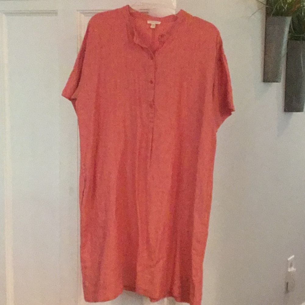 Eileen Fisher Orange Midi Dress with Dolman Sleeves and Mandarin Collar